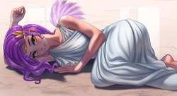 Size: 4500x2455 | Tagged: safe, artist:racoonsan, pipp petals, human, g5, adorapipp, adorasexy, barefoot, beautiful, beautisexy, bedroom eyes, blushing, clothes, cute, dress, feet, female, grin, humanized, lidded eyes, looking at you, lying down, on side, sexy, smiling, solo, toga, winged humanization, wings
