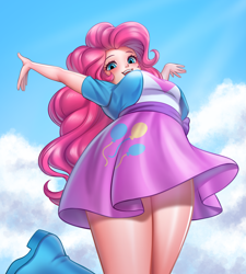 Size: 3593x4000 | Tagged: safe, artist:racoonsan, pinkie pie, human, equestria girls, g4, boots, breasts, busty pinkie pie, clothes, cloud, cute, diapinkes, female, happy, humanized, looking down, low angle, open mouth, shirt, shoes, skirt, sky, solo, teenager, upskirt