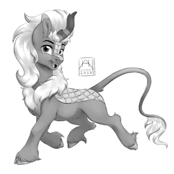 Size: 2160x2160 | Tagged: safe, artist:bluefeathercat, oc, oc only, kirin, cloven hooves, high res, kirin oc, looking at you, male, open mouth, simple background, solo, unshorn fetlocks, walking, white background