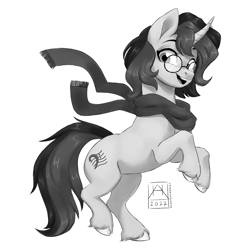 Size: 2160x2160 | Tagged: safe, artist:bluefeathercat, oc, oc only, pony, unicorn, clothes, glasses, high res, scarf, simple background, solo, unshorn fetlocks, white background