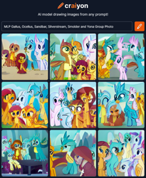 Size: 760x926 | Tagged: safe, craiyon, dall·e mini, machine learning generated, gallus, ocellus, sandbar, silverstream, smolder, yona, changedling, changeling, classical hippogriff, dragon, earth pony, griffon, hippogriff, pony, yak, student six