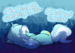 Size: 3744x2672 | Tagged: safe, artist:witchtaunter, lyra heartstrings, pony, unicorn, g4, floppy ears, gradient background, high res, lying down, on side, sad, solo, text, vent art