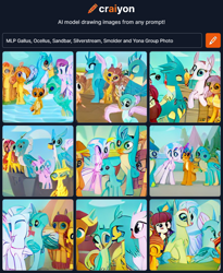 Size: 760x926 | Tagged: safe, craiyon, dall·e mini, machine learning generated, gallus, ocellus, sandbar, silverstream, smolder, yona, changedling, changeling, classical hippogriff, dragon, earth pony, griffon, hippogriff, pony, yak, student six