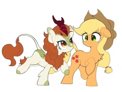 Size: 1144x858 | Tagged: safe, artist:starbow, applejack, autumn blaze, earth pony, kirin, pony, g4, applejack's hat, awwtumn blaze, chest fluff, cowboy hat, cute, duo, duo female, eye clipping through hair, female, hat, jackabetes, looking at each other, looking at someone, mare, raised hoof, raised leg, simple background, white background