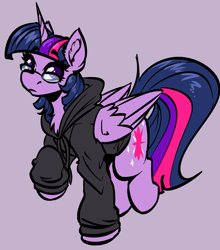 Size: 1435x1632 | Tagged: safe, artist:witchtaunter, twilight sparkle, alicorn, pony, g4, chest fluff, clothes, commission, cute, ear fluff, female, folded wings, glasses, hoodie, mare, raised hoof, simple background, solo, twiabetes, twilight sparkle (alicorn), wings
