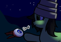 Size: 433x299 | Tagged: safe, artist:neuro, oc, oc only, oc:filly anon, earth pony, pony, bloodshot eyes, boop, eyeball, female, filly, foal, hat, night, poking, raised hoof, solo, terraria