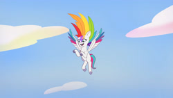 Size: 3410x1920 | Tagged: safe, screencap, zipp storm, pegasus, pony, g5, my little pony: tell your tale, zipp's yes day, spoiler:g5, spoiler:my little pony: tell your tale, spoiler:tyts01e22, alternate hairstyle, female, flying, high res, mare, multicolored hair, open mouth, open smile, rainbow hair, smiling, solo, spread wings, wings, youtube link