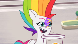 Size: 3410x1920 | Tagged: safe, screencap, zipp storm, pegasus, pony, g5, my little pony: tell your tale, zipp's yes day, spoiler:g5, spoiler:my little pony: tell your tale, spoiler:tyts01e22, alternate hairstyle, cup, drink, female, high res, mare, multicolored hair, open mouth, open smile, rainbow hair, smiling, smoothie, solo, youtube link