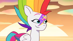 Size: 3410x1920 | Tagged: safe, screencap, zipp storm, pegasus, pony, g5, my little pony: tell your tale, zipp's yes day, spoiler:g5, spoiler:my little pony: tell your tale, spoiler:tyts01e22, alternate hairstyle, beach, female, high res, mare, multicolored hair, rainbow hair, smiling, solo, sunset, youtube link