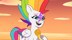Size: 3410x1920 | Tagged: safe, screencap, zipp storm, pegasus, pony, g5, my little pony: tell your tale, zipp's yes day, spoiler:g5, spoiler:my little pony: tell your tale, spoiler:tyts01e22, alternate hairstyle, beach, female, high res, mare, microphone, multicolored hair, open mouth, open smile, rainbow hair, smiling, solo, sparkly eyes, sunset, wingding eyes, youtube link