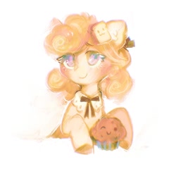 Size: 2000x2000 | Tagged: safe, artist:dearmary, oc, oc only, earth pony, pony, bread, cupcake, female, food, half body, high res, looking at you, mare, one eye closed, simple background, smiling, smiling at you, solo, toast, white background, wink