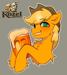 Size: 1833x2048 | Tagged: safe, artist:draw3, applejack, earth pony, pony, g4, alcohol, beer, blushing, chest fluff, czech, eye clipping through hair, eyebrows, eyebrows visible through hair, fluffy, grin, happy, parody, smiling, solo, velkopopovicky kozel