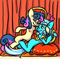 Size: 1024x1010 | Tagged: safe, artist:ilcerbiastrello, bon bon, lyra heartstrings, sweetie drops, earth pony, pony, unicorn, g4, chair, duo, female, heart, lesbian, looking at each other, looking at someone, lyre, mare, musical instrument, pillow, ship:lyrabon, shipping, smiling