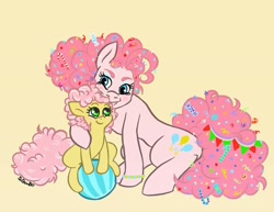 Size: 1091x843 | Tagged: safe, artist:ilcerbiastrello, li'l cheese, pinkie pie, earth pony, pony, g4, the last problem, ball, blushing, candy, candy cane, colt, confetti, duo, female, foal, food, hug, male, mother and child, mother and son, older, older pinkie pie, simple background, yellow background