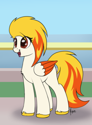 Size: 1254x1707 | Tagged: safe, artist:ponynamedmixtape, flare (g5), pegasus, pony, g4, g5, female, finally, g5 to g4, generation leap, mare, smiling, solo