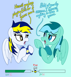 Size: 1740x1895 | Tagged: safe, artist:notadeliciouspotato, oc, oc only, oc:huracata, oc:wavewind, pegasus, pony, bust, controller, dialogue, duo, female, gradient background, male, mare, open mouth, spread wings, stallion, text, wings