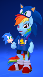 Size: 2160x3840 | Tagged: safe, artist:owlpirate, rainbow dash, pegasus, semi-anthro, 3d, 4k, clothes, cute, dashabetes, female, food, gradient background, hat, high res, hoof hold, ice cream, looking at you, mare, open mouth, open smile, shoes, smiling, smiling at you, solo, sonic the hedgehog, sonic the hedgehog (series), source filmmaker