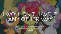 Size: 1280x720 | Tagged: safe, edit, editor:quoterific, idw, apple bloom, discord, scootaloo, sweetie belle, draconequus, earth pony, pegasus, pony, unicorn, g4, my little pony: friends forever, spoiler:comic, apple bloom's bow, bow, cotton swab, cutie mark crusaders, female, filly, foal, hair bow, male, nutcracker, offscreen character, pencil sharpener, text, trio, trio female, trio focus
