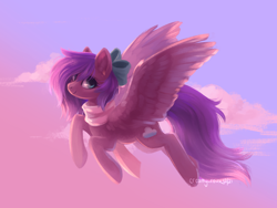 Size: 1600x1200 | Tagged: safe, artist:joellethenose, oc, oc only, oc:skydashie, pegasus, pony, 2021, bow, clothes, cloud, female, flying, hair bow, looking at you, mare, old art, scarf, signature, sky, smiling, solo, spread wings, wings