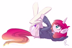 Size: 3895x2595 | Tagged: safe, artist:joellethenose, oc, oc only, oc:cerise, pony, unicorn, 2019, clothes, female, high res, hoodie, lying down, mare, old art, on back, simple background, sketch, socks, solo, white background