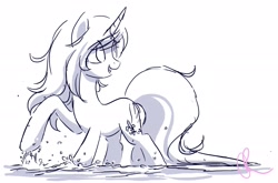 Size: 3128x2060 | Tagged: safe, artist:joellethenose, oc, oc only, oc:cerise, pony, unicorn, 2019, female, high res, mare, monochrome, old art, open mouth, open smile, sketch, smiling, solo, splashing, water