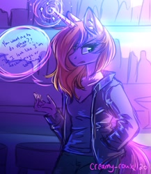 Size: 2000x2300 | Tagged: safe, artist:joellethenose, oc, oc only, oc:cerise, unicorn, anthro, 2020, bar, clothes, female, high res, jacket, magic, old art, solo, speech bubble, unamused