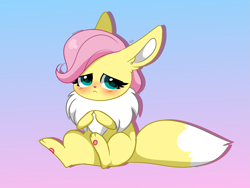 Size: 4409x3314 | Tagged: safe, artist:kittyrosie, part of a set, fluttershy, eevee, blushing, cute, daaaaaaaaaaaw, drop shadow, gradient background, high res, kittyrosie is trying to murder us, looking at you, paw pads, pokefied, pokémon, shy, shyabetes, sitting, solo, species swap, weapons-grade cute