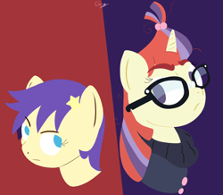 Size: 5474x4781 | Tagged: safe, artist:realgero, moondancer, star dancer, earth pony, pony, unicorn, g4, clothes, glasses, looking at each other, looking at someone, sweater