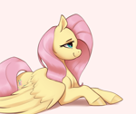 Size: 3585x3005 | Tagged: safe, artist:aquaticvibes, fluttershy, pegasus, pony, beige background, female, high res, lying down, mare, profile, prone, simple background, smiling, solo, spread wings, wings