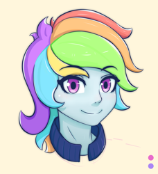 Size: 2324x2550 | Tagged: safe, artist:figs, rainbow dash, human, bust, eye clipping through hair, eyebrows, eyebrows visible through hair, female, high res, humanized, looking at you, simple background, smiling, smiling at you, solo, yellow background