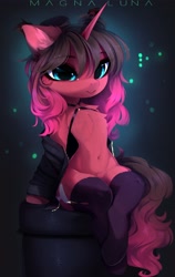 Size: 2310x3666 | Tagged: safe, artist:magnaluna, oc, oc only, oc:garnet midnight, pony, unicorn, semi-anthro, :>, belly button, bokeh, chest fluff, clothes, colored ear fluff, ear fluff, ear tufts, eye clipping through hair, eyebrows, eyebrows visible through hair, female, full body, gradient mane, gradient tail, jacket, mare, pink coat, sitting, solo, stockings, tail, thigh highs