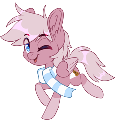 Size: 1836x1928 | Tagged: safe, artist:silkensaddle, oc, oc only, oc:pastel dawn, pegasus, pony, chibi, clothes, cute, cutie mark, male, one eye closed, scarf, simple background, solo, stallion, transparent background, wink