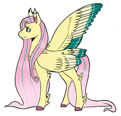 Size: 1280x1224 | Tagged: safe, artist:aspen--trees, fluttershy, pegasus, pony, chest fluff, colored ear fluff, colored hooves, colored wings, colored wingtips, elbow fluff, feathered fetlocks, female, mare, multicolored wings, one wing out, outline, profile, simple background, smiling, solo, standing, tail, tail feathers, transparent background, white outline, wings
