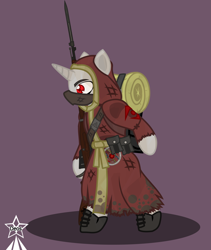 Size: 4245x5021 | Tagged: safe, artist:devorierdeos, oc, oc only, unicorn, semi-anthro, fallout equestria, arm hooves, bayonet, belt kit, bipedal, boots, cassock, cultist, dirt, face mask, gun, mask, mosin nagant, preacher, red eye army, rifle, shoes, simple background, sleeping bag, solo, unity, wanderer, weapon