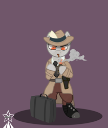Size: 4245x5021 | Tagged: safe, artist:devorierdeos, oc, oc only, earth pony, semi-anthro, fallout equestria, arm hooves, bipedal, cigarette, clothes, detective, gun, handgun, hat, holster, necktie, pistol, simple background, smoking, solo, suitcase, trenchcoat, zippo