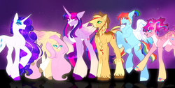 Size: 3604x1820 | Tagged: safe, artist:cha0sblue, applejack, fluttershy, pinkie pie, rainbow dash, rarity, twilight sparkle, alicorn, earth pony, pegasus, pony, unicorn, g4, female, mane six, mare, twilight sparkle (alicorn)