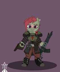 Size: 4245x5021 | Tagged: safe, artist:devorierdeos, oc, oc only, earth pony, pony, fallout equestria, armor, assault rifle, belt kit, bipedal, ear piercing, earth pony oc, gun, handgun, hoof hold, piercing, pistol, raider, red eye army, rifle, scrunchie, shoulder armor, simple background, solo, ulcers, weapon