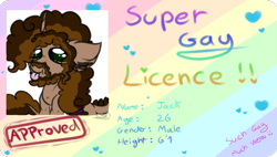 Size: 1195x679 | Tagged: safe, artist:beamybutt, oc, oc only, pony, unicorn, :p, beard, commission, ear fluff, facial hair, floppy ears, horn, id card, license, male, solo, stallion, tongue out, unicorn oc, ych result