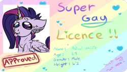 Size: 1195x679 | Tagged: safe, artist:beamybutt, oc, oc only, alicorn, pony, :p, alicorn oc, commission, ear fluff, floppy ears, horn, horn jewelry, id card, jewelry, license, solo, tongue out, wings, ych result