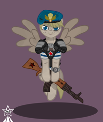 Size: 4245x5021 | Tagged: safe, artist:devorierdeos, oc, oc only, pegasus, pony, fallout equestria, assault rifle, beret, bulletproof vest, gun, hat, landing forses, paratrooper, rifle, shoulder armor, simple background, soldier's badge, solo, spread wings, stalliongrad, stripped vest, telnyashka, watch, weapon, wings