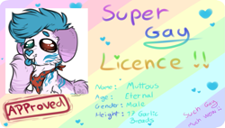 Size: 1195x679 | Tagged: safe, artist:beamybutt, oc, oc only, dog, dog pony, original species, :p, commission, ear fluff, floppy ears, heterochromia, id card, license, neckerchief, solo, tongue out, ych result