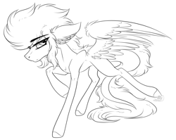 Size: 2905x2309 | Tagged: safe, artist:beamybutt, oc, oc only, pegasus, pony, :p, ear fluff, floppy ears, high res, lineart, male, monochrome, pegasus oc, raised hoof, simple background, solo, stallion, tongue out, white background, wings