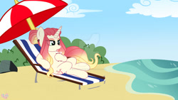 Size: 1280x720 | Tagged: safe, artist:lovinglypromise, oc, oc only, oc:sonnet eventide, pony, unicorn, beach, female, mare, solo
