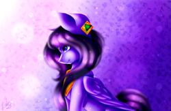 Size: 2295x1500 | Tagged: safe, artist:prettyshinegp, oc, oc only, pegasus, pony, abstract background, ear piercing, female, mare, pegasus oc, peytral, piercing, smiling, solo, wings