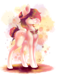 Size: 1109x1405 | Tagged: safe, artist:prettyshinegp, oc, oc only, earth pony, pony, bowtie, earth pony oc, female, laurel wreath, mare, one eye closed, signature, simple background, smiling, solo, transparent background, wink