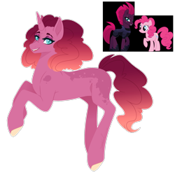 Size: 1800x1800 | Tagged: safe, artist:purplegrim40, pinkie pie, tempest shadow, oc, earth pony, pony, unicorn, g4, bedr, bedroom eyes, colored hooves, horn, magical lesbian spawn, offspring, parent:pinkie pie, parent:tempest shadow, parents:tempestpie, simple background, transparent background, unicorn oc