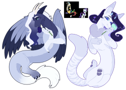 Size: 2500x1800 | Tagged: safe, artist:purplegrim40, discord, rarity, oc, oc only, draconequus, hybrid, pony, unicorn, g4, draconequus oc, female, flower, fraternal twins, interspecies offspring, male, mare, offspring, parent:discord, parent:rarity, parents:raricord, paw pads, paws, raricord, shipping, siblings, simple background, straight, toe beans, transparent background, twins, underpaw
