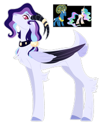 Size: 1461x1748 | Tagged: safe, artist:purplegrim40, oc, alicorn, goat, pony, choker, colored wings, female, glowing, glowing horn, horn, horns, interspecies offspring, male, mare, offspring, parent:grogar, parent:princess celestia, simple background, spiked choker, transparent background, two toned wings, wings