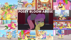 Size: 1967x1109 | Tagged: safe, edit, edited screencap, editor:quoterific, screencap, alphabittle blossomforth, dahlia, dazzle feather, delightful trifle, hitch trailblazer, izzy moonbow, posey bloom, queen haven, rainbow dash, señor butterscotch, sugarpuff lilac, sunny starscout, tree hugger, earth pony, pegasus, pony, unicorn, dumpster diving, foal me once, g5, it's t.u.e.s. day, maretime bay day 2.0, my little pony: tell your tale, neighfever, on your cutie marks, zipp's yes day, spoiler:g5, spoiler:my little pony: tell your tale, spoiler:tyts01e08, spoiler:tyts01e09, spoiler:tyts01e11, spoiler:tyts01e13, spoiler:tyts01e16, spoiler:tyts01e18, spoiler:tyts01e22, abuse, angry, beach, bipedal, blender (object), bow, chase, cinema, drink, eyes closed, falling, female, flower, food, glomp, grin, hair bow, helmet, hug, imminent vore, jewelry, male, mane stripe sunny, mangosteen, mare, microphone, motorcycle, museum, necklace, offscreen character, open mouth, painting, parody, pineapple, pinpoint eyes, pollen, posey bloom is not amused, posey can't catch a break, poseybuse, red face, sandcastle, scooter, smiling, smoothie, sneezing, snot, spilled drink, stallion, sunny starscout is not amused, tail, tail bow, text, transformers, trotformers, unamused, wall of tags