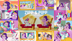 Size: 1969x1107 | Tagged: safe, edit, edited screencap, editor:quoterific, screencap, hitch trailblazer, izzy moonbow, pipp petals, sunny starscout, zipp storm, earth pony, pegasus, pony, unicorn, g5, making a foal of me, mane melody, my little pony: tell your tale, queens for a day, sisters take flight, the game is ahoof, zipp's flight school, zipp's yes day, spoiler:g5, spoiler:my little pony: tell your tale, spoiler:tyts01e02, spoiler:tyts01e03, spoiler:tyts01e05, spoiler:tyts01e12, spoiler:tyts01e15, spoiler:tyts01e17, spoiler:tyts01e22, alternate hairstyle, beach, blanket, blushing, bouquet, bucket, cellphone, clothes, dirt, drool, female, flower, frown, grin, hair styling, hard hat, hat, headband, heart, hoof on chest, jewelry, looking at each other, looking at someone, mane five, mane stripe sunny, mare, microphone, multicolored hair, nervous, nervous smile, offscreen character, open mouth, open smile, phone, rainbow hair, regalia, royal sisters (g5), selfie, siblings, sisters, sleeping, smartphone, smiling, spoon, sunglasses, sunset, throne